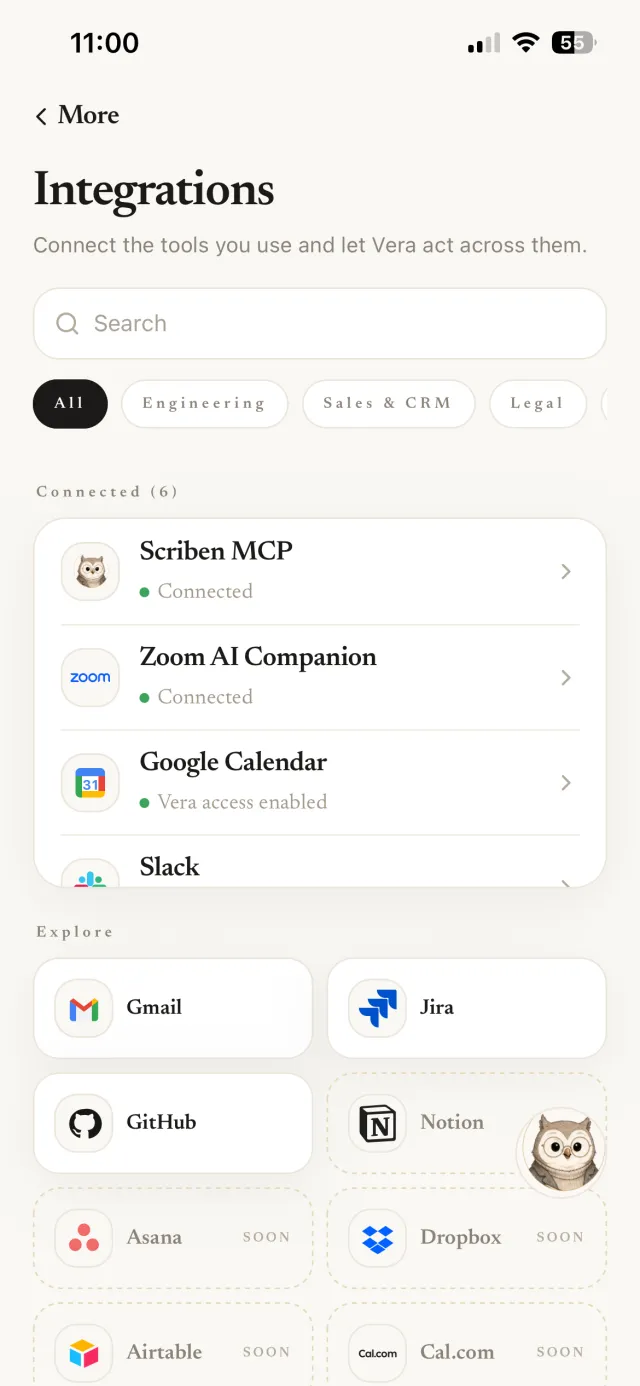 The integrations screen showing connected tools Vera can act across
