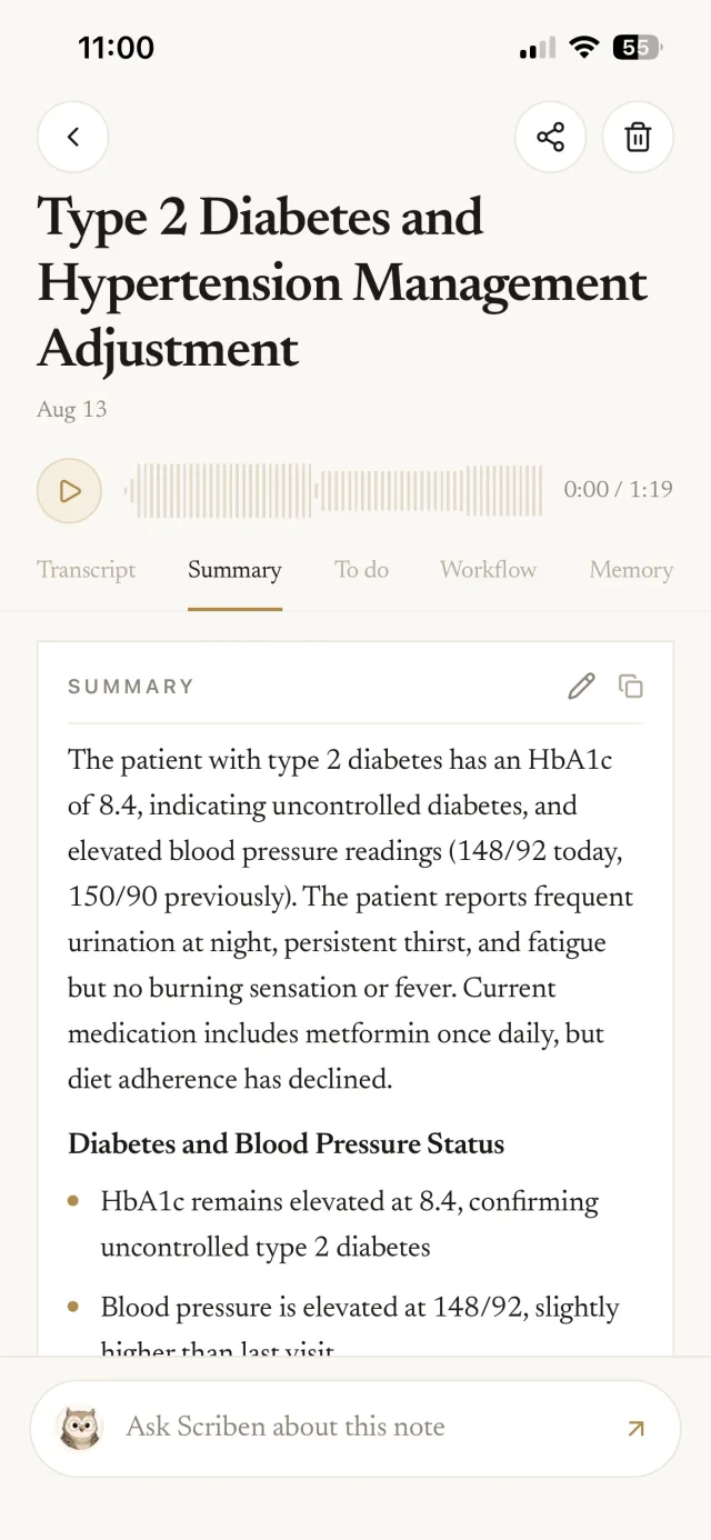 A recorded consultation turned into a written summary, with the transcript, to-dos and workflow one tap away