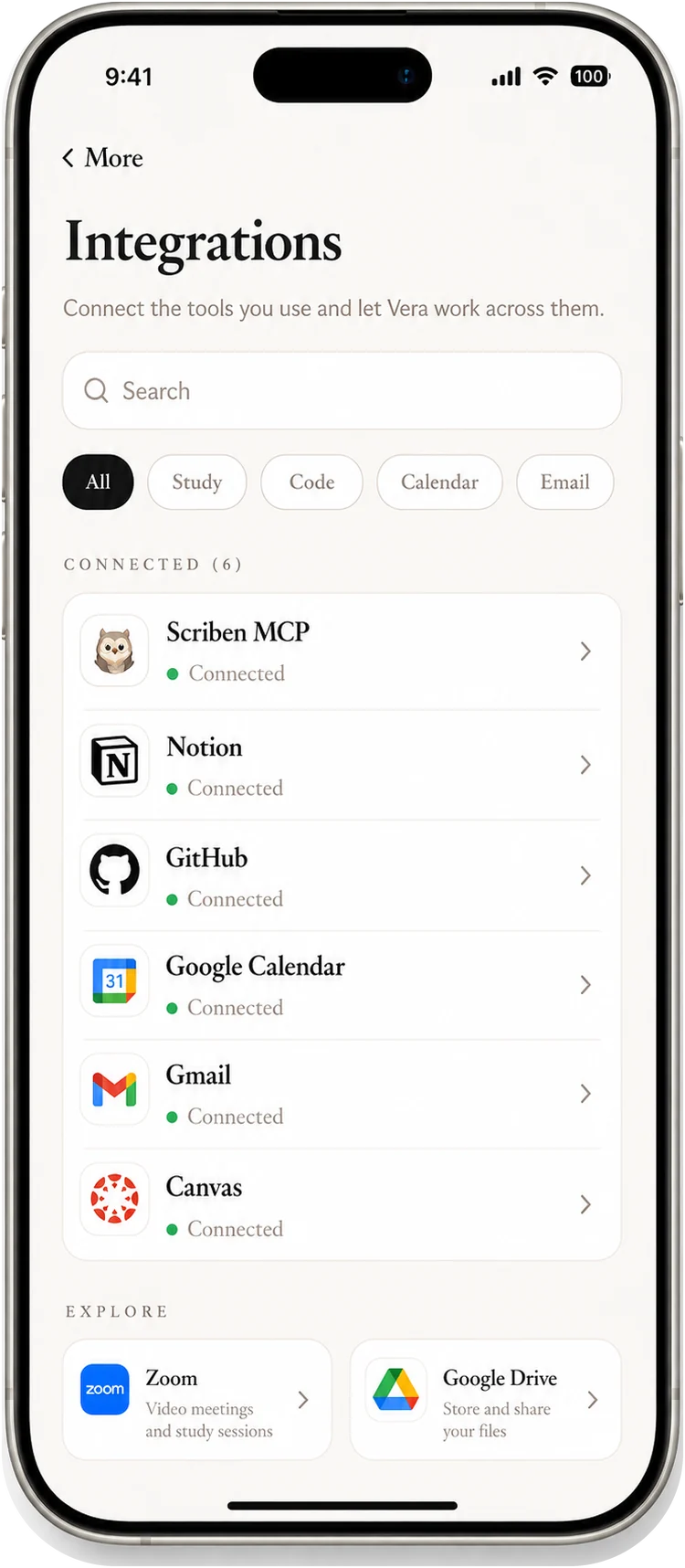 Integrations in the Scriben app, for students