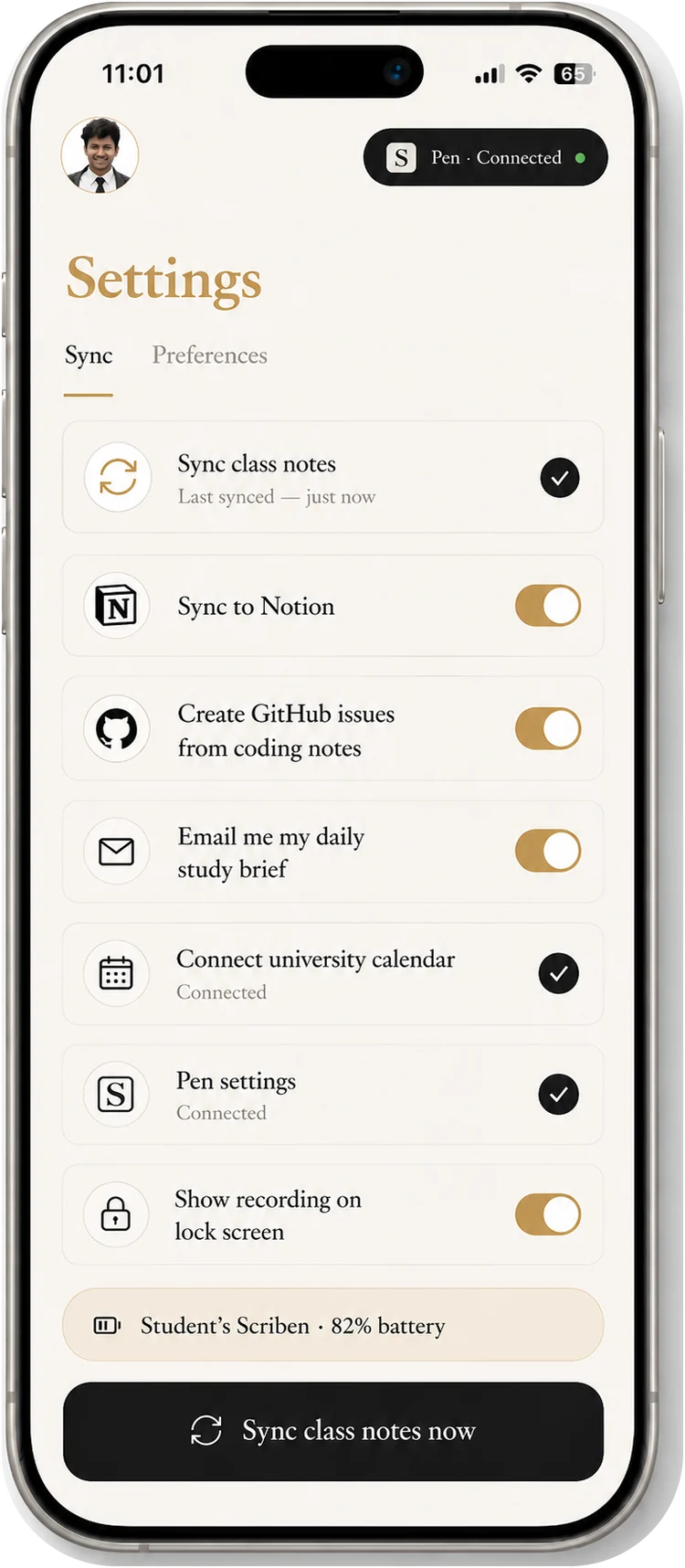 The pen in the Scriben app, for students