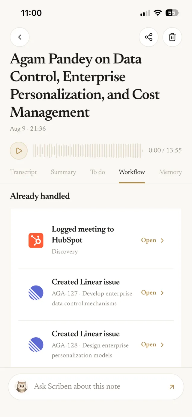 A meeting note showing work Vera already handled in HubSpot and Linear
