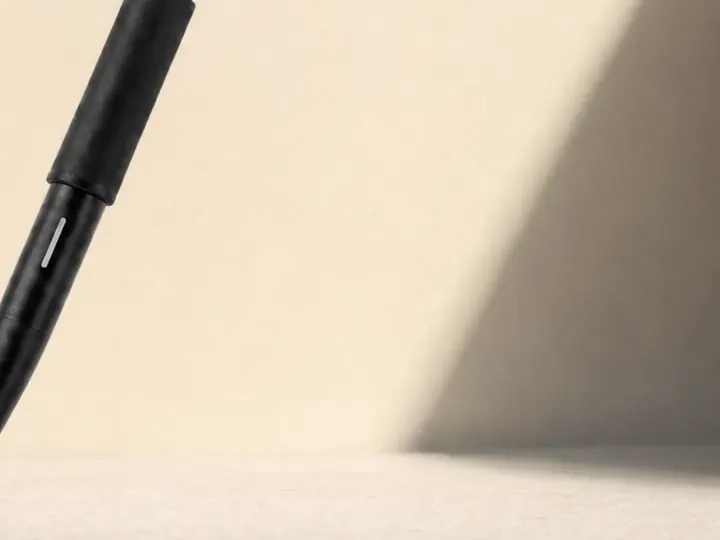 A Scriben pen standing at an angle, lit from one side
