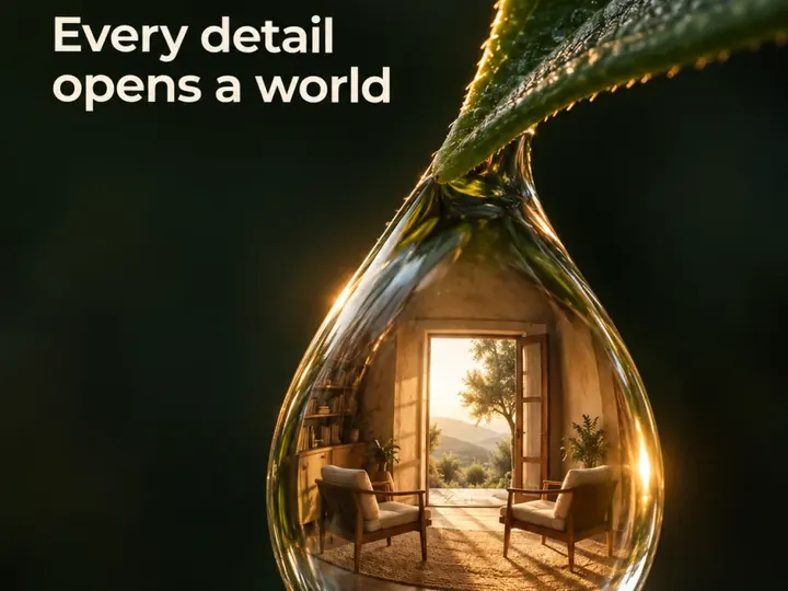 Every detail opens a world. A room reflected in a drop of water.