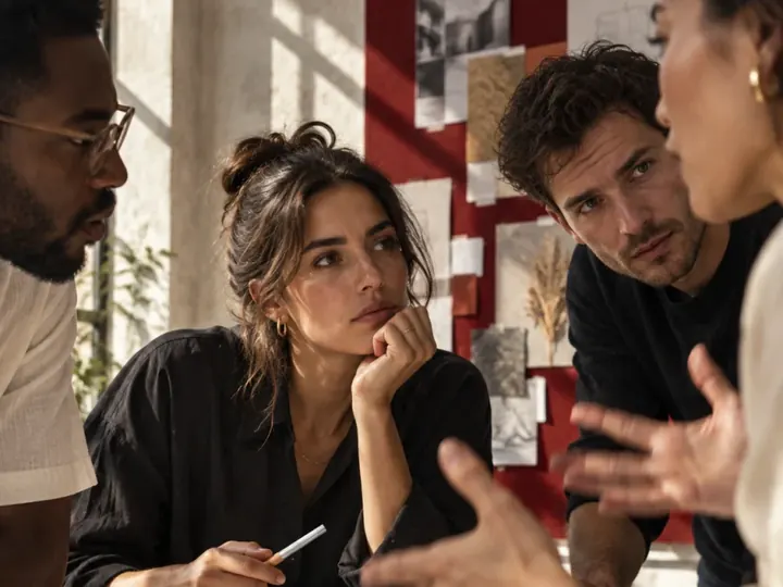 Four colleagues talking around a studio table covered in material samples.