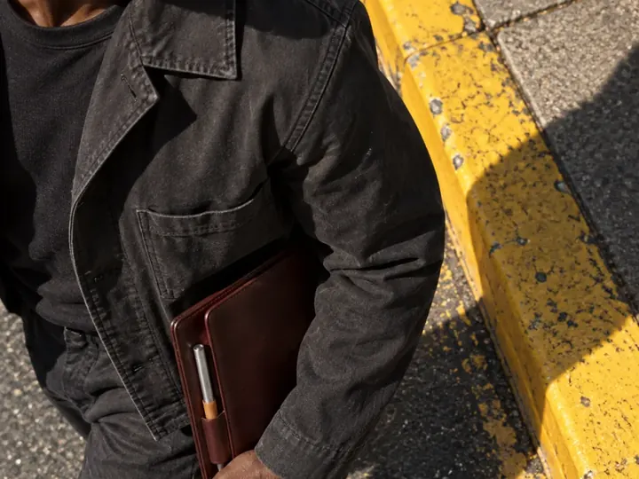 A man walking a city street carrying a portfolio.