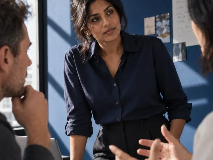 A woman leading a discussion across a meeting table.