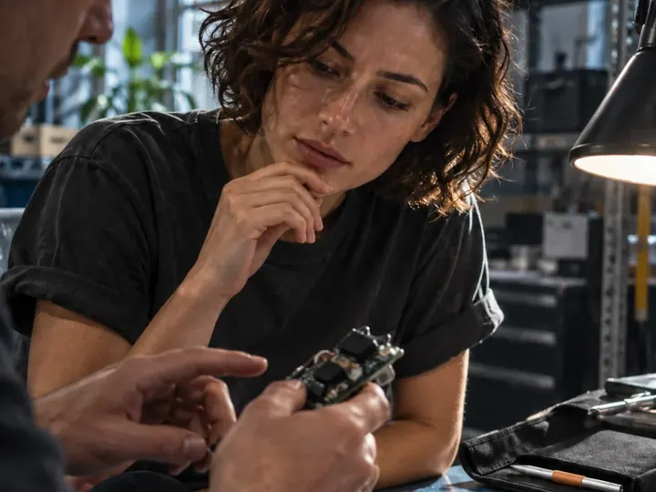 A technician examining a component at a workbench.