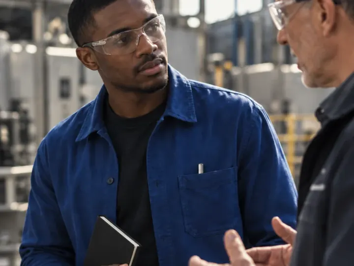 Two engineers talking on a factory floor.