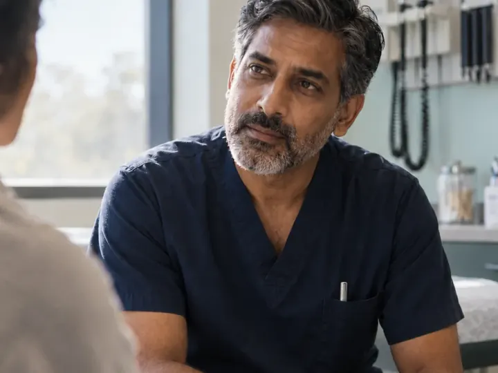 A clinician in scrubs listening in a consulting room.