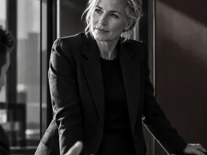 A woman standing at the head of a boardroom table.