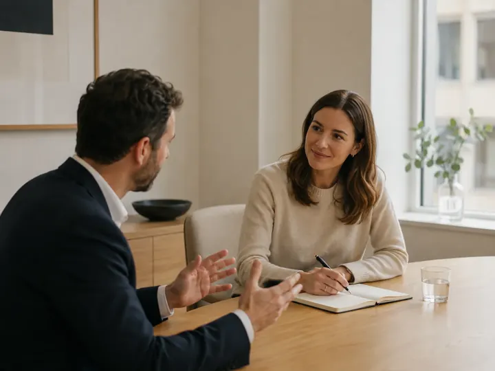 Two people in a discovery session, one writing on a pad between them