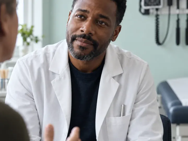 A doctor listening to a patient in a consulting room.