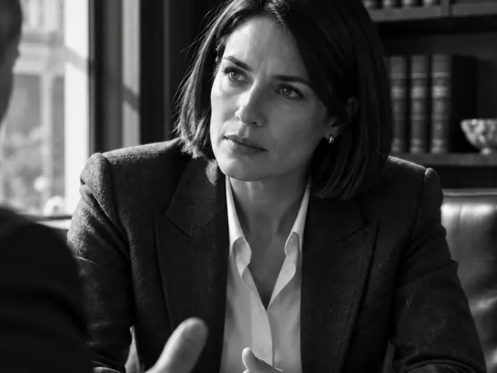 A lawyer listening across a meeting table.