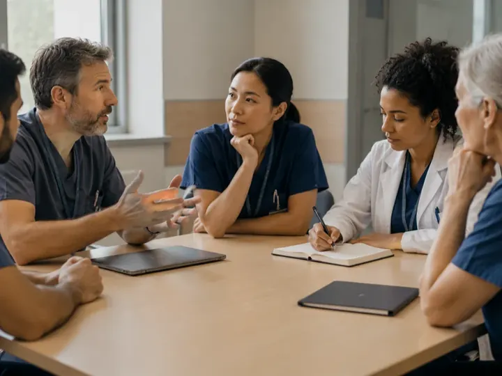 A multidisciplinary meeting, several people around a table