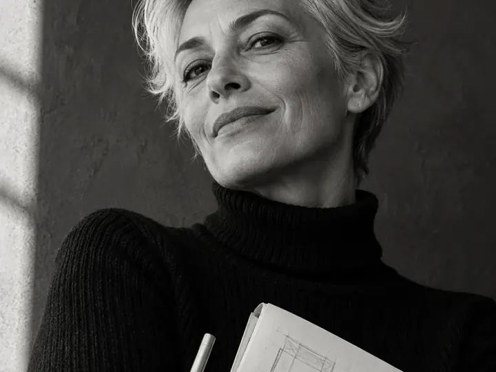 A woman holding a sketchbook and pen.
