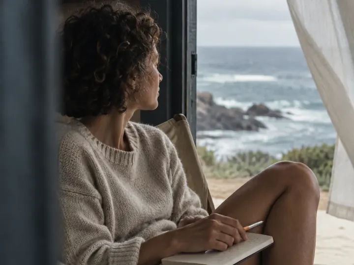 A woman writing by an open window above the sea.