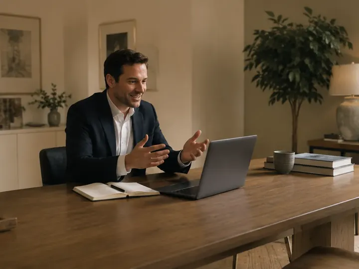 A founder presenting to a small group around a laptop