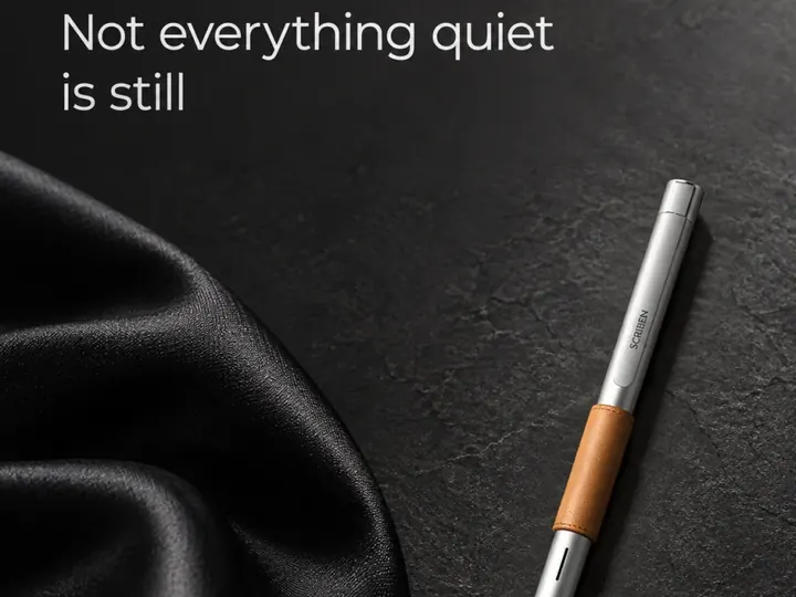 Not everything quiet is still. A pen on black silk.