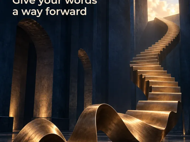 Give your words a way forward. A brass ribbon rising like a staircase.