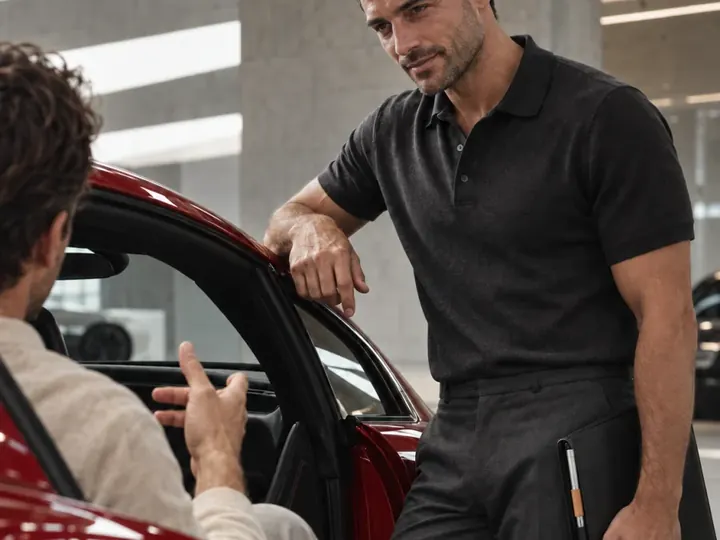A salesperson talking with a customer beside a car.