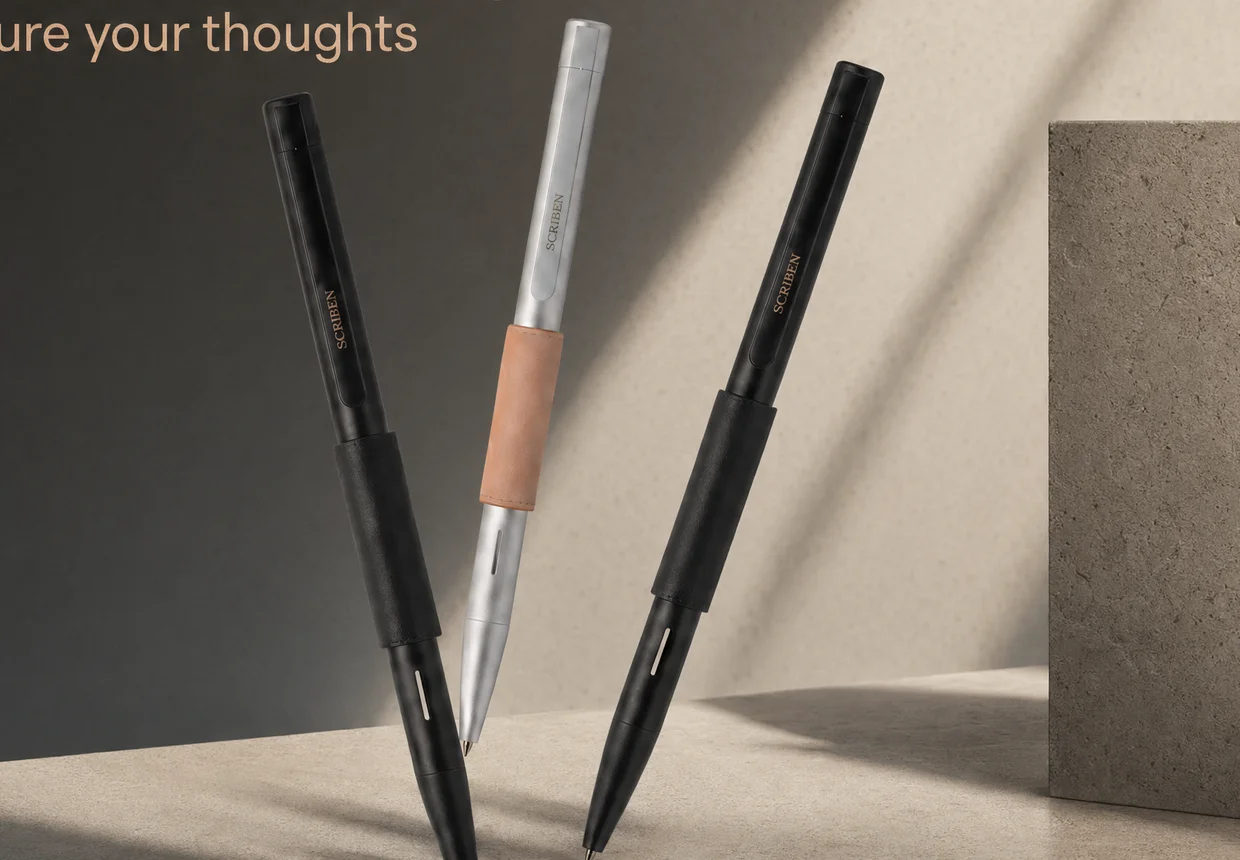 Three Scriben pens standing on a stone plinth in daylight: two in black, one in brushed steel with a tan leather grip
