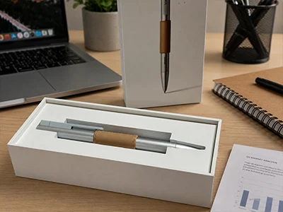 A warm wooden desk with reference books, a notebook and the Scriben pen beside its box