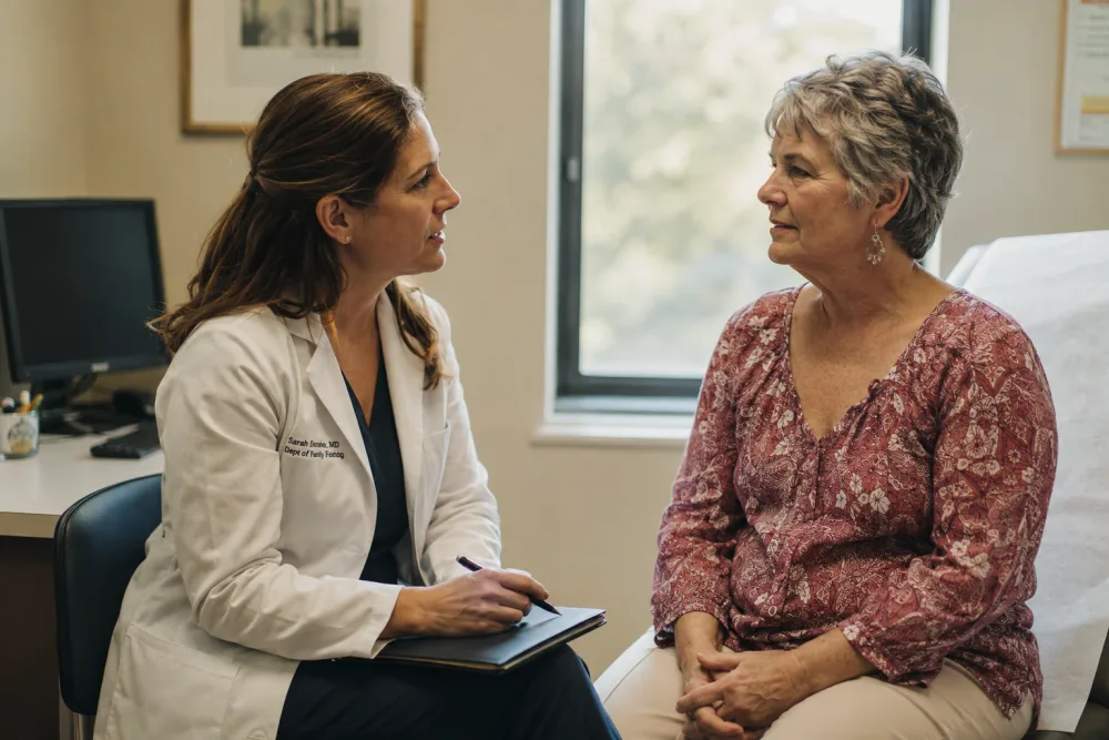 A clinician turned toward her patient in an exam room, both seated, a pen held over a closed folder and the monitor pushed aside