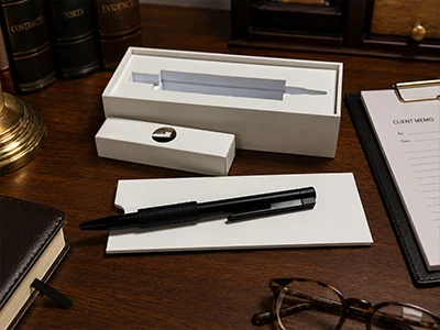 A desk with contract and tort volumes, a client memo pad and the Scriben pen beside its box
