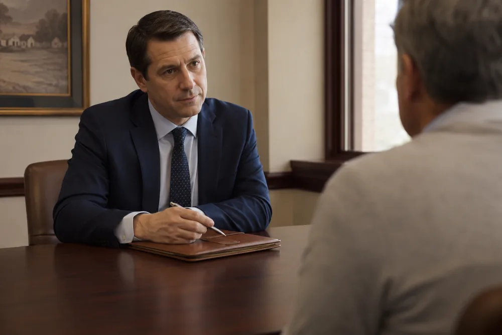 A lawyer sitting across a conference table from a client, listening, a pen resting in one hand over a closed leather folio