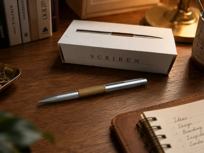 A seller at a desk on the phone, writing in a notebook with the Scriben pen