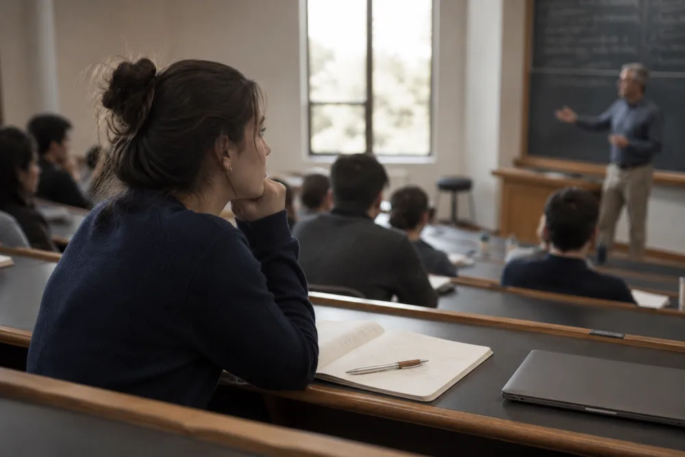 A student in class watching the teacher, a pen resting on the open notebook in front of them