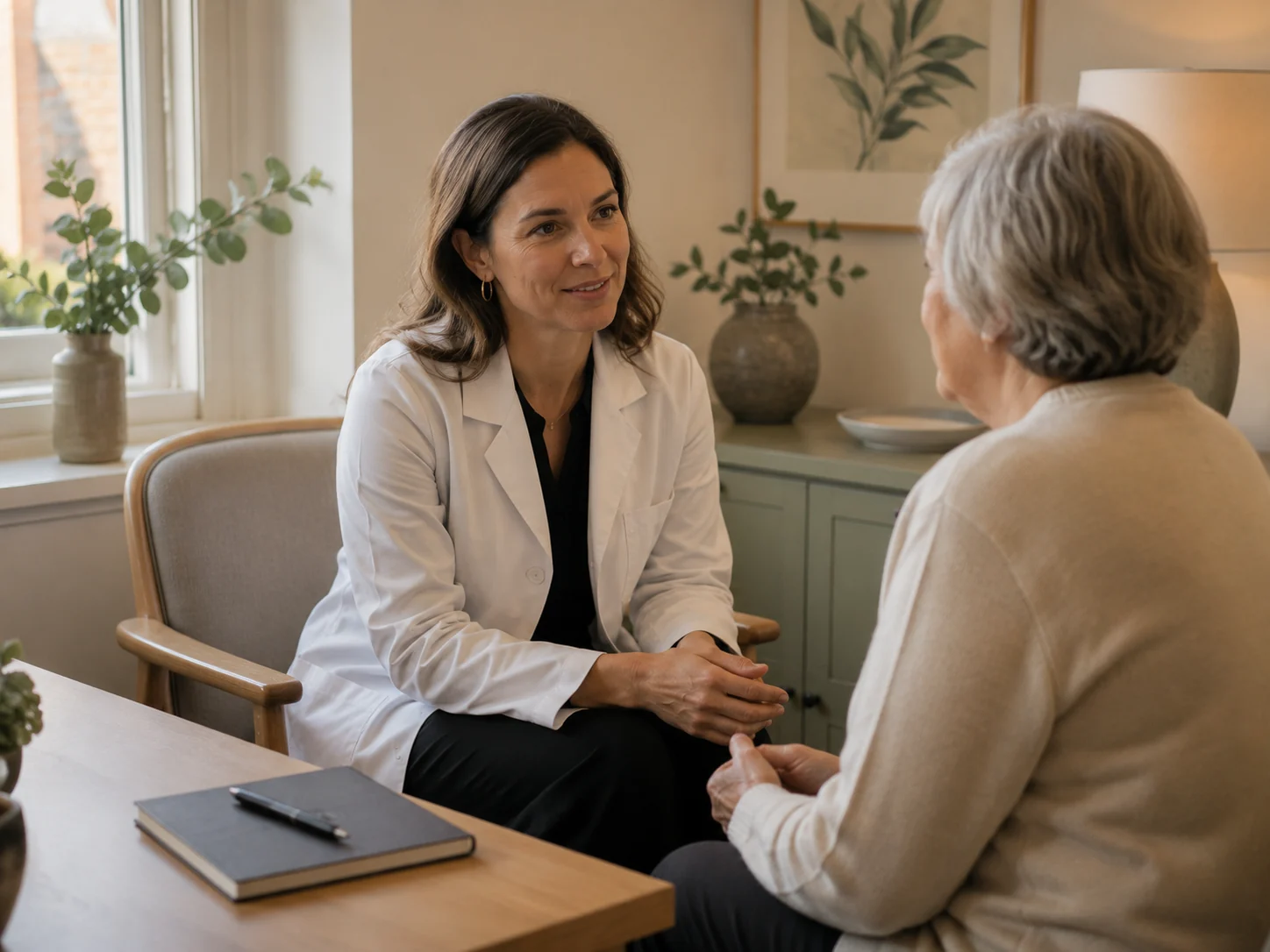 A clinician seated knee-to-knee with an older patient, a notebook resting closed on the desk