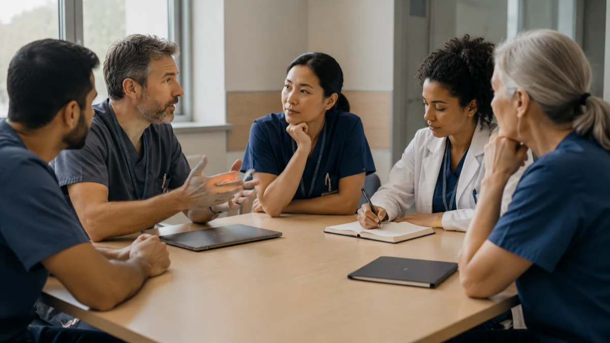 Five clinicians around a table in a multidisciplinary discussion, one making a brief note