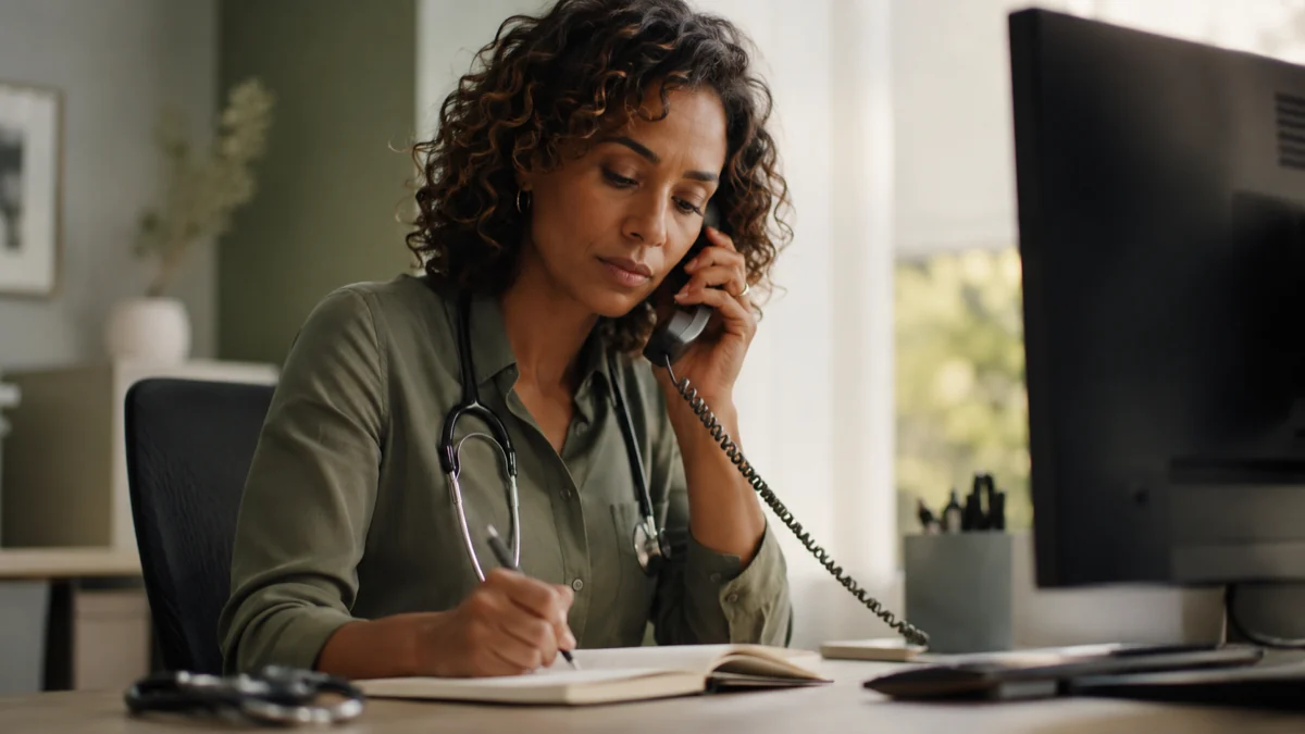 A clinician on a telephone follow-up, writing in a notebook, the monitor turned away