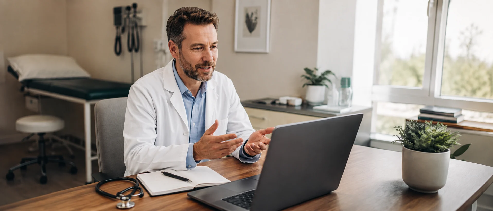 A clinician conducting a remote consultation, an examination couch behind him