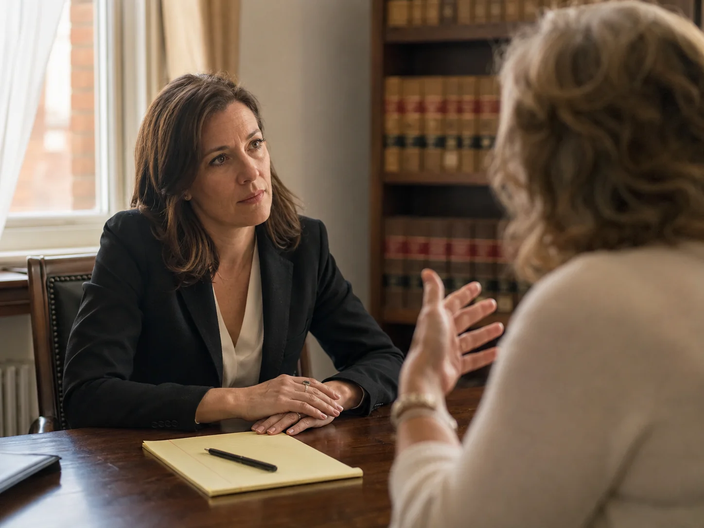 A solicitor listening to a client across a desk, a legal pad and pen resting untouched in front of her