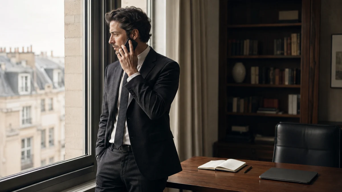 A lawyer standing at his office window on a phone call, an open notebook on the desk behind him