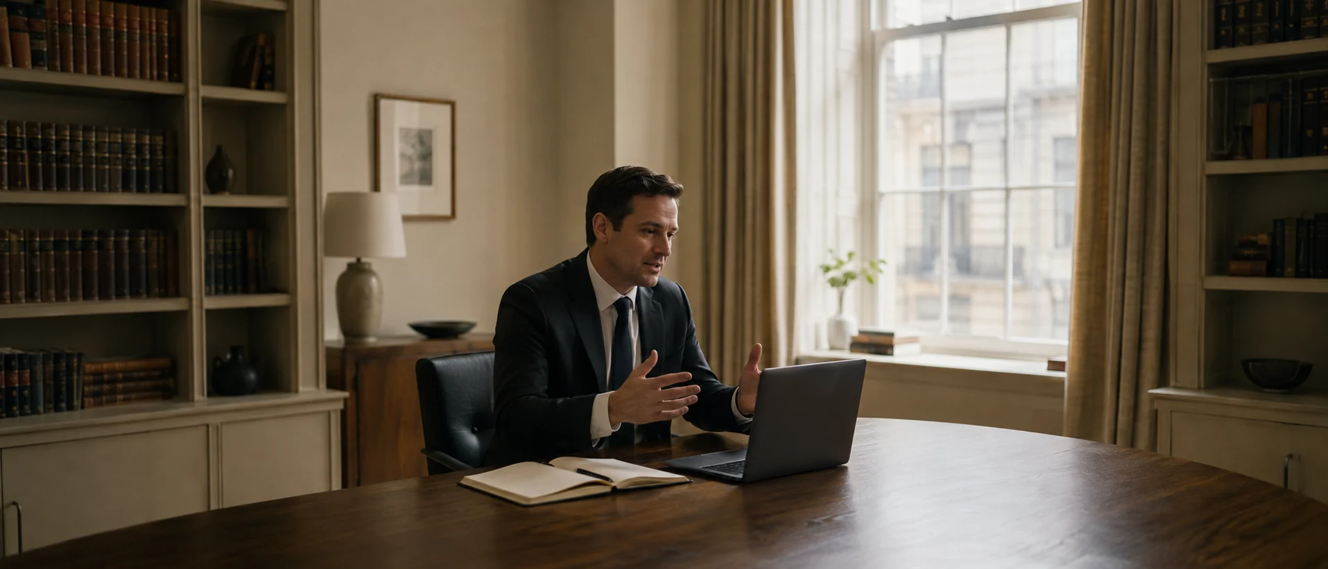 A lawyer at his desk attending a remote hearing, an open notebook beside the laptop
