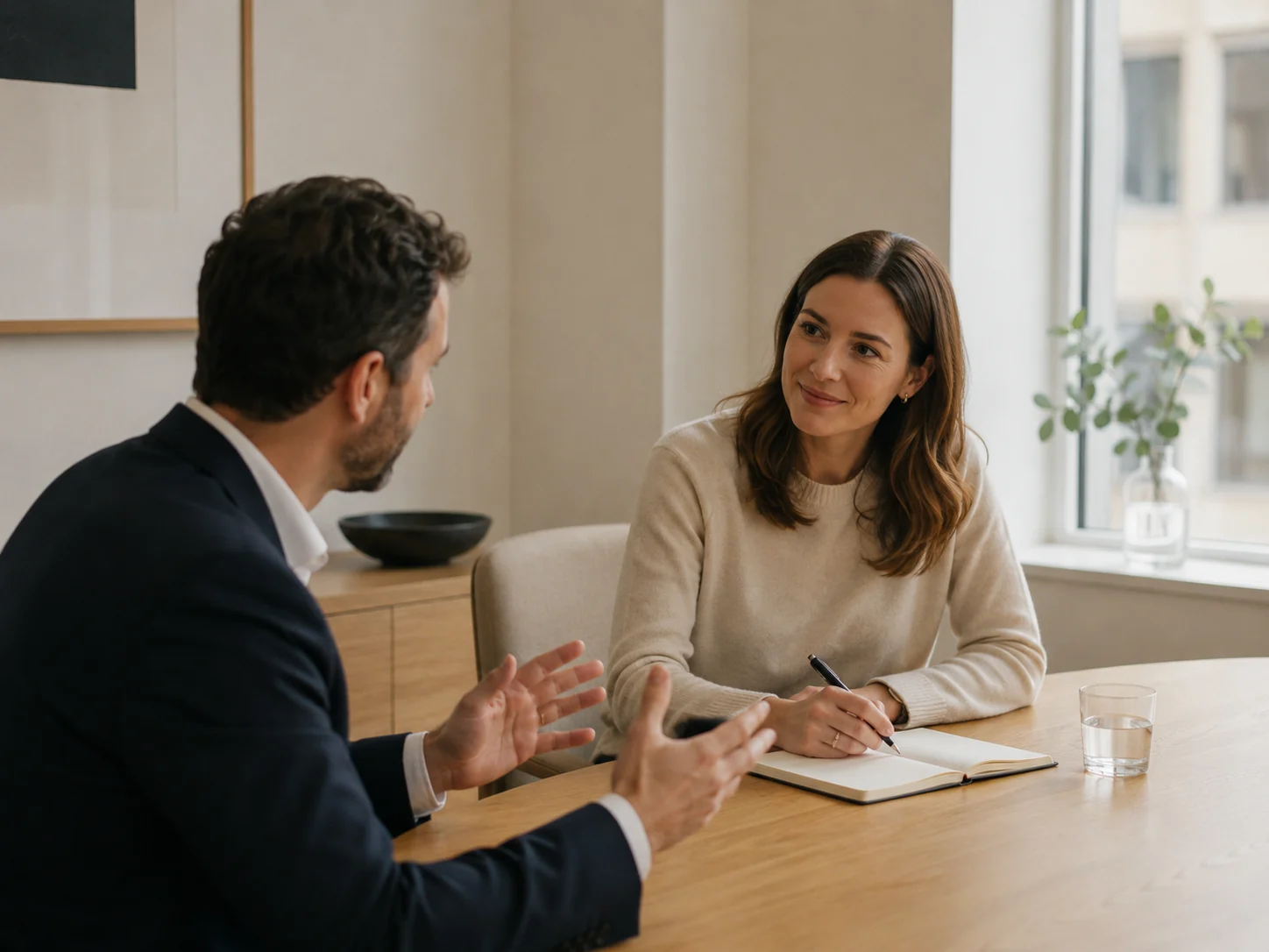 A seller leaning in to listen across a meeting-room table while the buyer takes notes