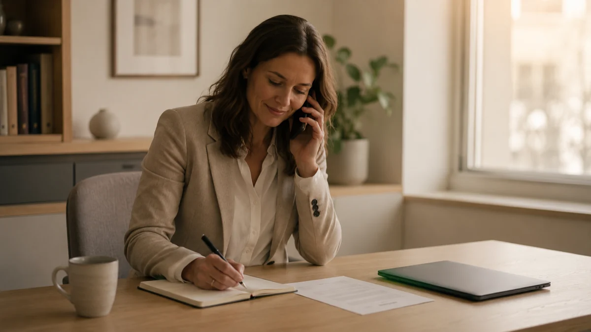 A seller at a desk on a follow-up call, writing a short line in a notebook
