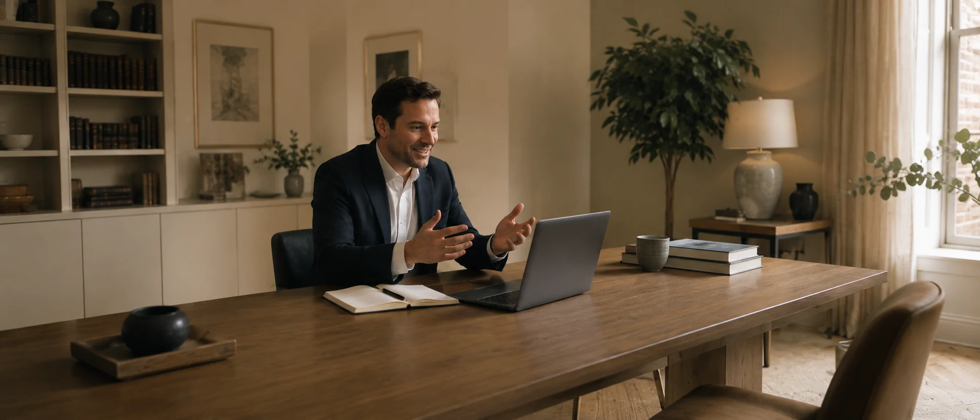 A seller on a video call at a long table, a notebook open beside the laptop