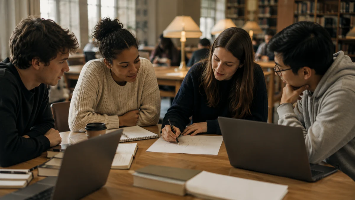 Four students around a library table on a group project, one sketching on paper