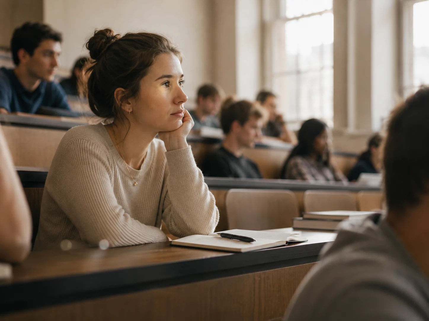 A student in a lecture theatre listening, her pen resting down on a half-written page