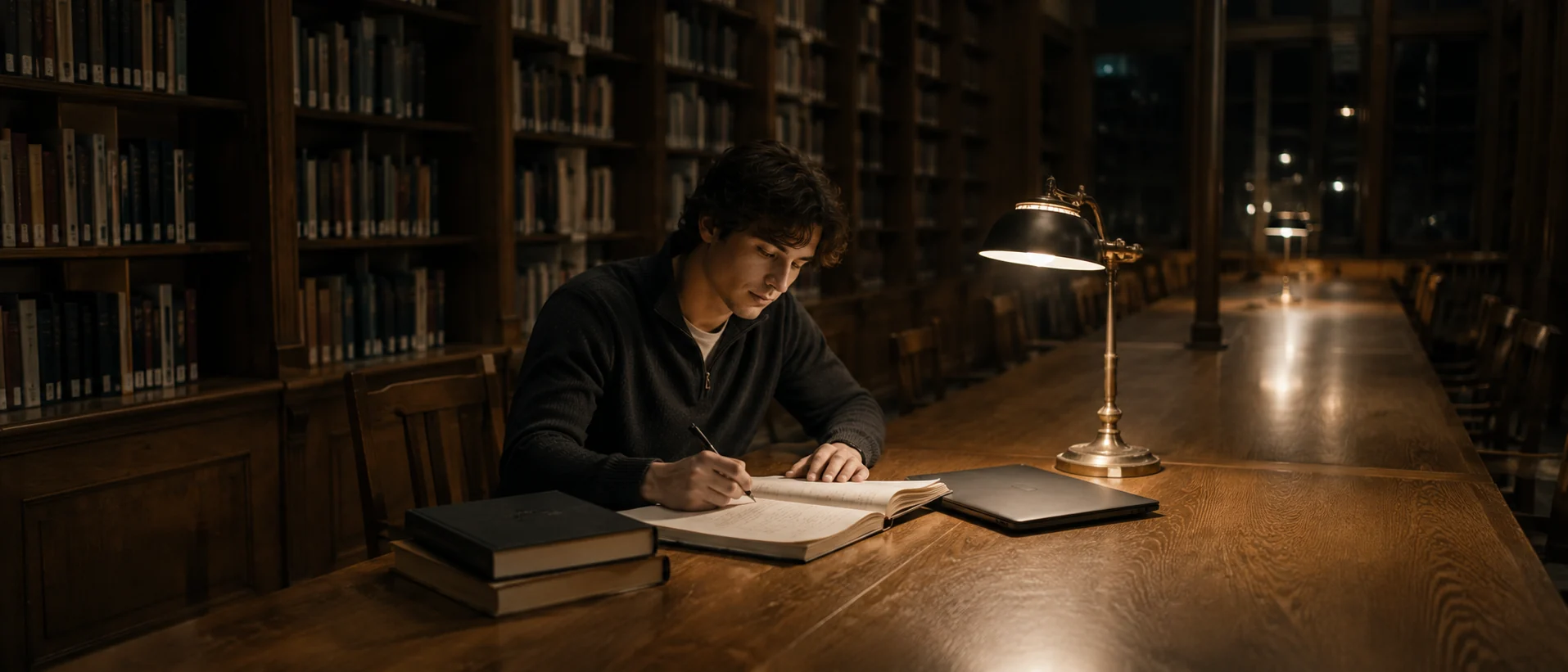 A student revising alone at a long library desk under a single lamp