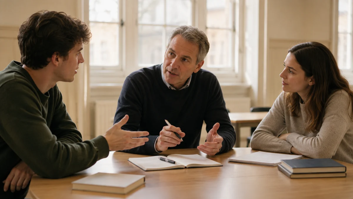 A teacher working through a problem with two students around a seminar-room table