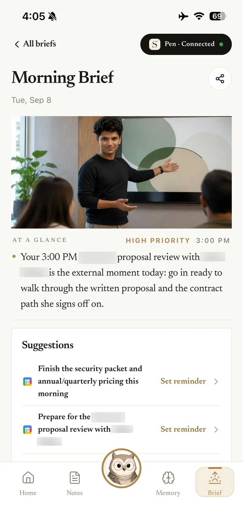 A morning brief showing the highest-priority meeting of the day and suggestions with a set-reminder action