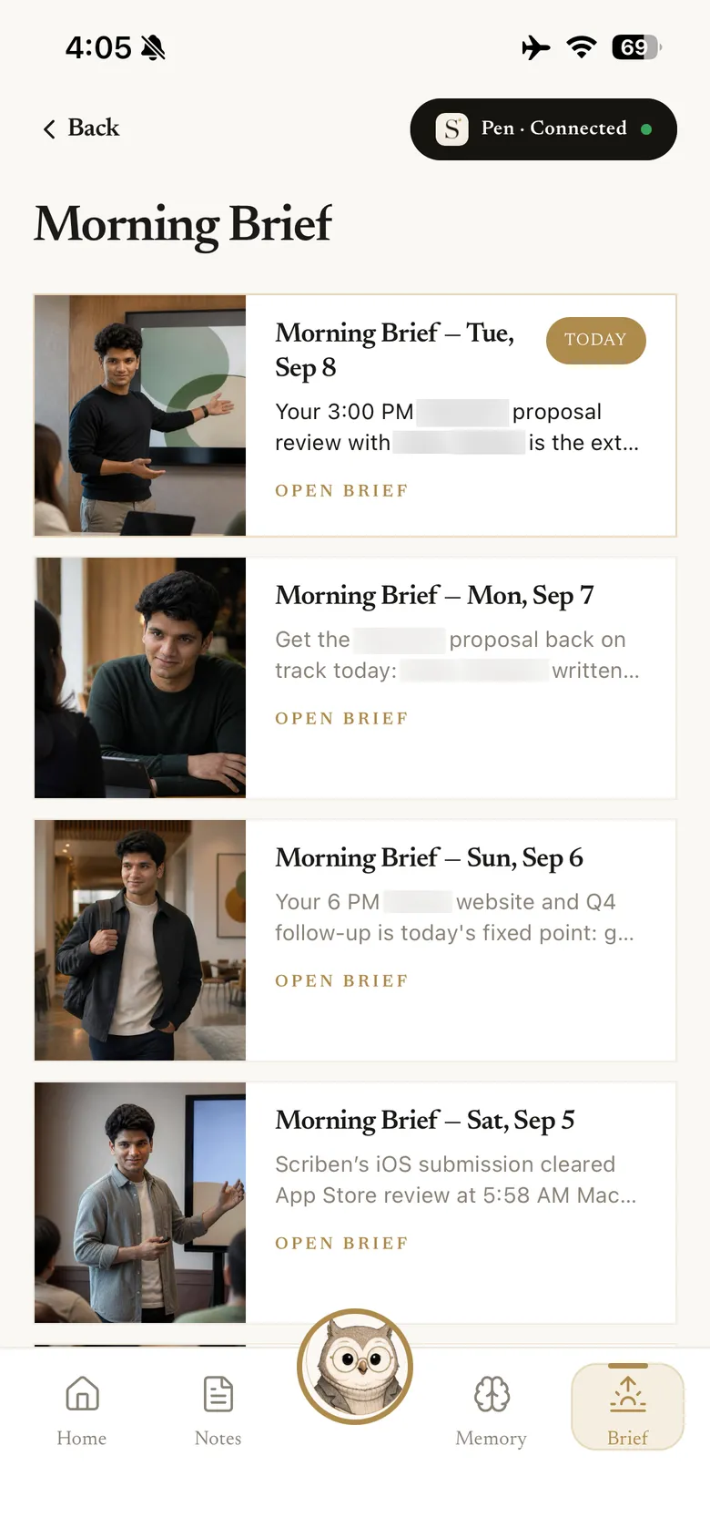 The list of past morning briefs, one for each day