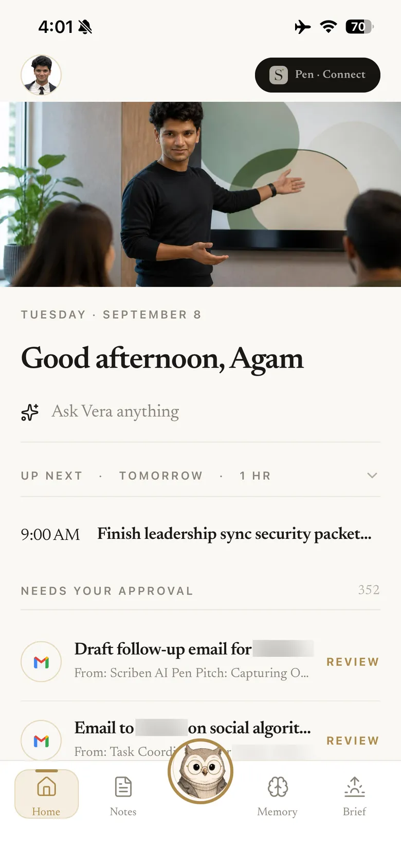 The home screen listing drafts that need approval alongside what is coming up next