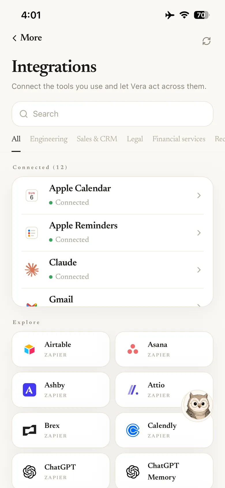 The Integrations screen showing twelve connected tools including Apple Calendar, Apple Reminders, Claude and Gmail, above a grid of others to explore