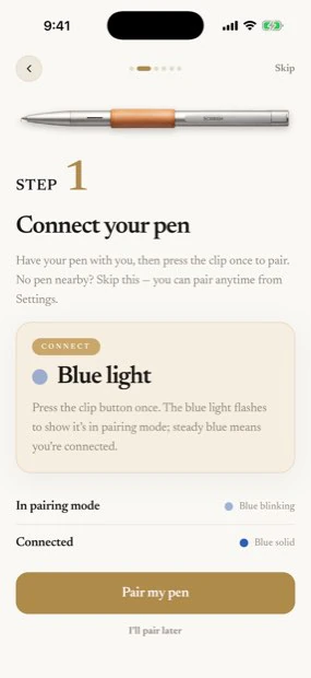 Step one: connect your pen. A blue light means pairing mode; a steady light means connected
